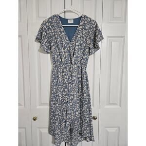 Sienna sky small women's floral hi low faux wrap dress with flutter sleeves